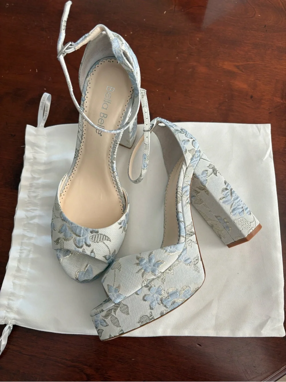 Bella Belle “Catarina” Powder Blue Floral Platform Sandals with Ankle Strap